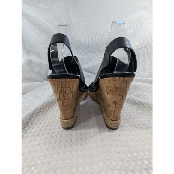 CHARLES DAVID! BLACK GENUINE LEATHER ESPADRILLE TRIM, CORK WEDGE HEELS! SZ 10M - Picture 9 of 11